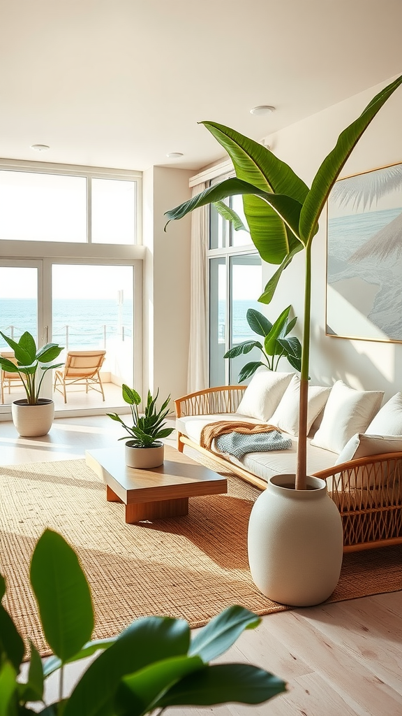 A bright and airy coastal living room with large windows, a comfortable sofa, tropical plants, and ocean views.