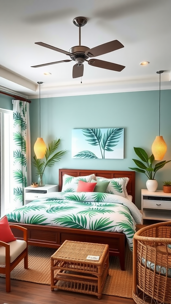 A bright and airy tropical coastal bedroom featuring palm leaf decor, blue walls, and natural light.