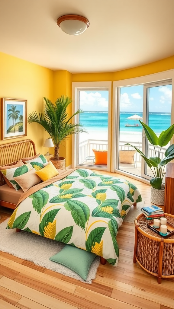 Bright tropical coastal bedroom with yellow walls, leafy bedding, and ocean view