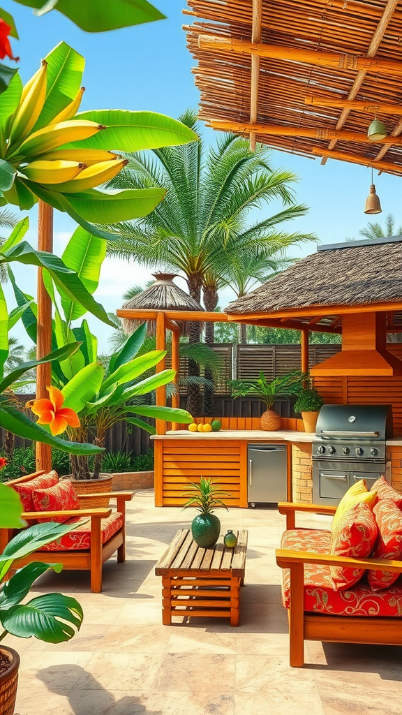 A tropical outdoor kitchen patio featuring a grill, wooden furniture, vibrant cushions, and lush greenery.