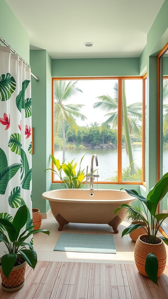 A tropical-themed bathroom featuring a freestanding bathtub, green walls, large windows with a lake view, and lush indoor plants.