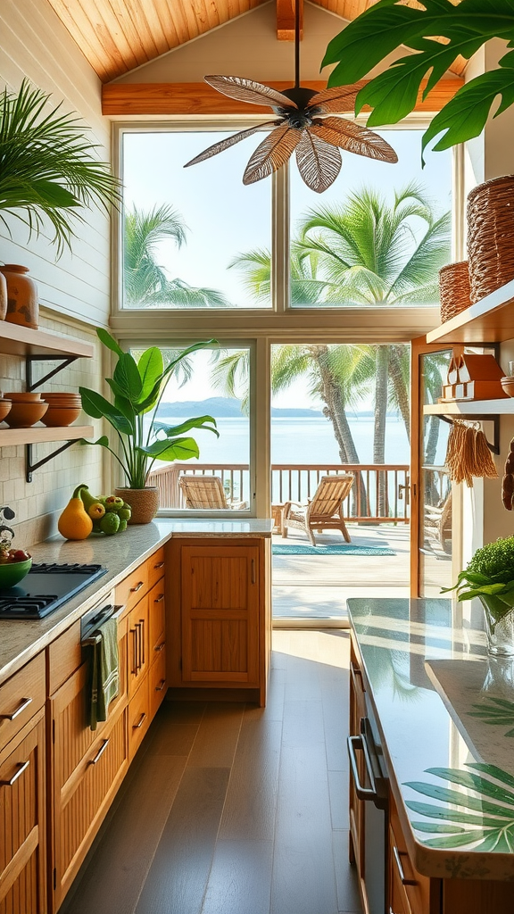 A bright tropical lake house kitchen with wooden cabinets, a stone countertop, and large windows overlooking the lake.