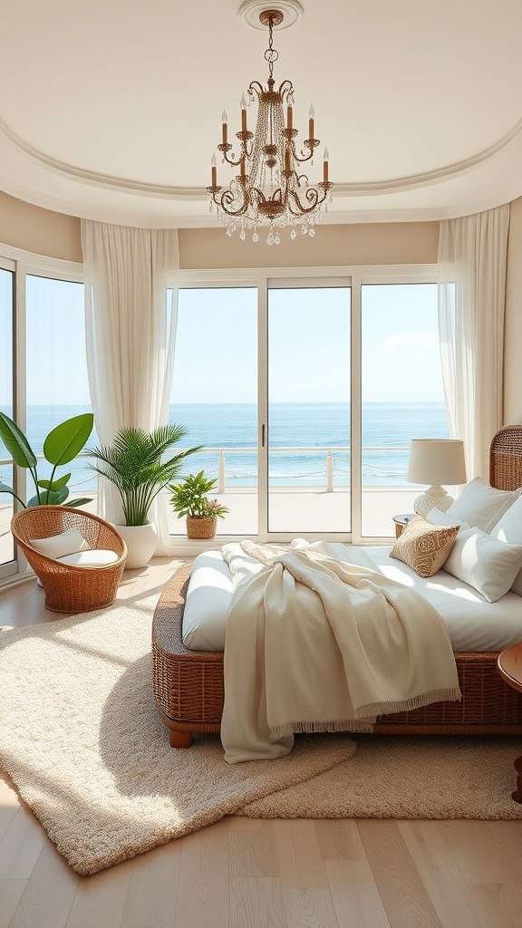 A luxurious master bedroom with large windows overlooking the ocean, featuring a chandelier, wicker furniture, and cozy decor.