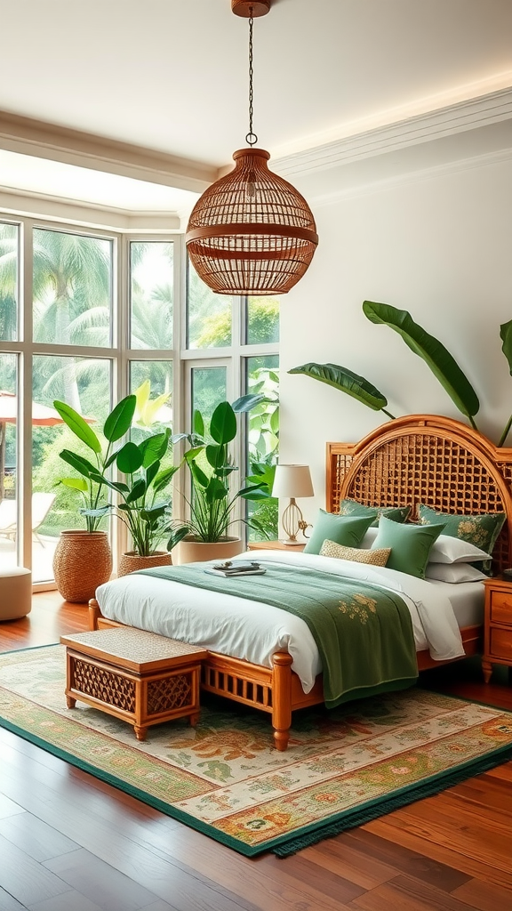 A beautifully designed master bedroom with tropical elements, featuring wooden furniture, lush plants, and large windows.