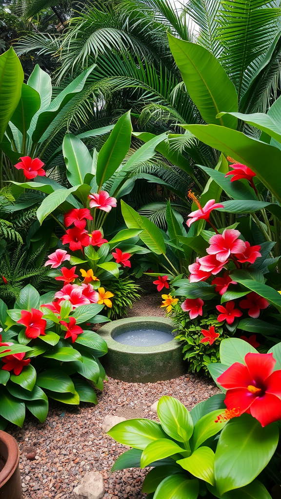 A lush tropical garden with vibrant red flowers and green foliage surrounding a small water feature.