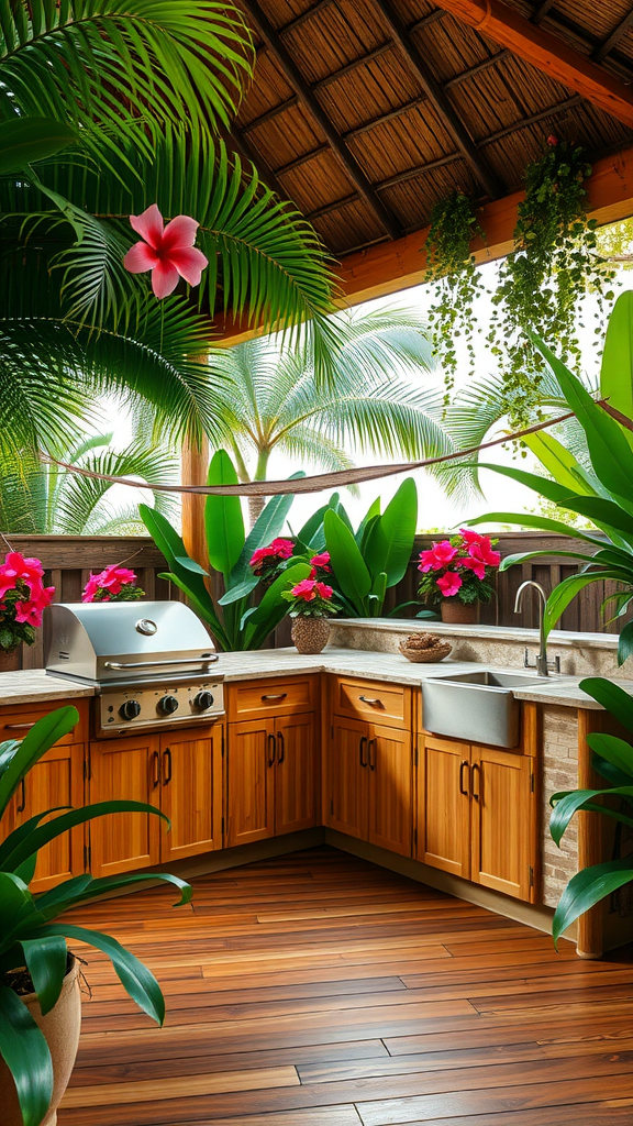 An outdoor kitchen patio surrounded by tropical plants and flowers.