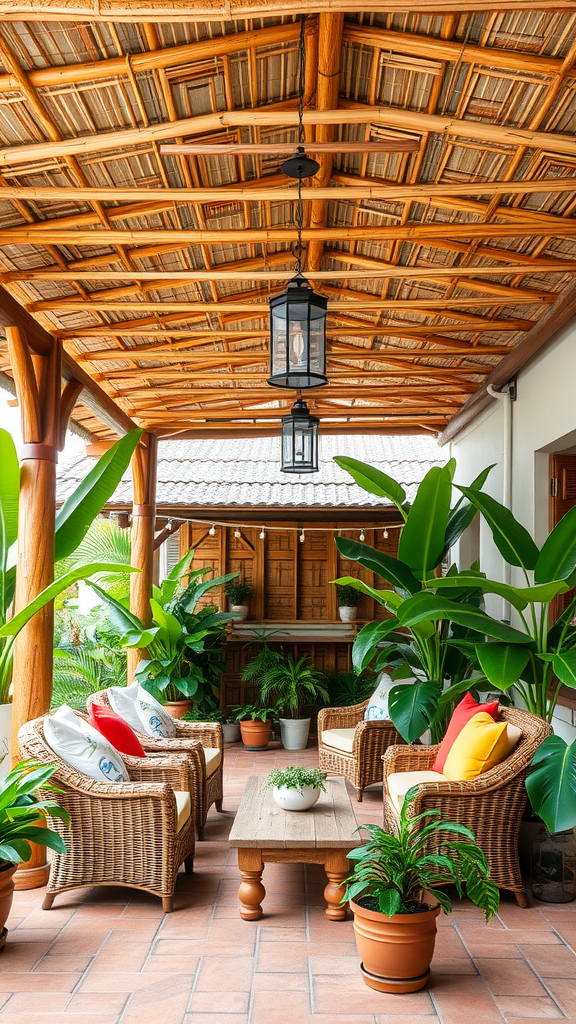 A beautifully designed covered patio featuring wicker furniture, colorful cushions, and lush green plants under a bamboo ceiling.