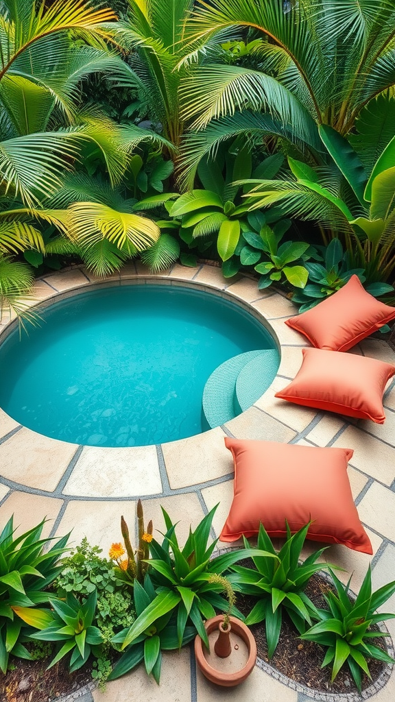 A tropical plunge pool surrounded by lush greenery and orange pillows.