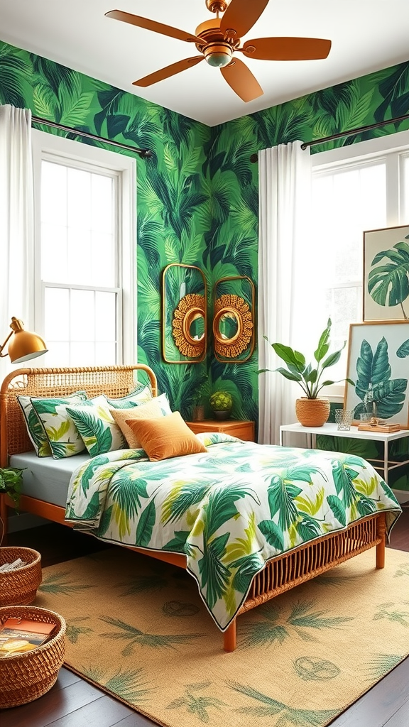 A tropical-themed bedroom with palm leaf wallpaper, a rattan bed, and bright decor.