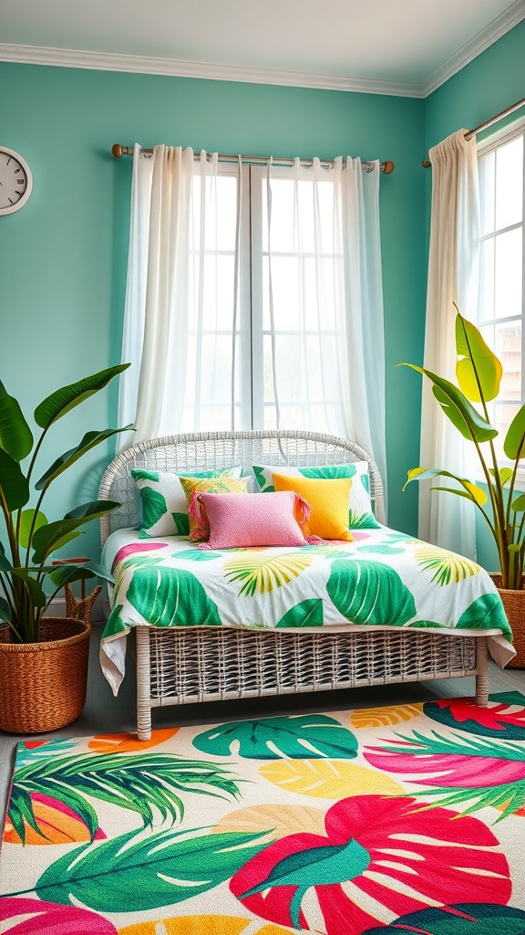 A bright and vibrant bedroom featuring tropical decor with a teal wall, a cozy bed with leafy patterns, colorful pillows, and large windows with sheer curtains.