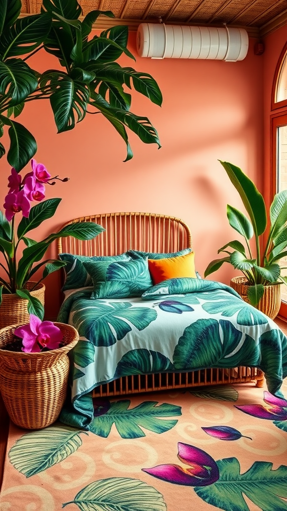 Tropical-themed bedroom with leaf-patterned bedding, potted plants, and warm peach walls.