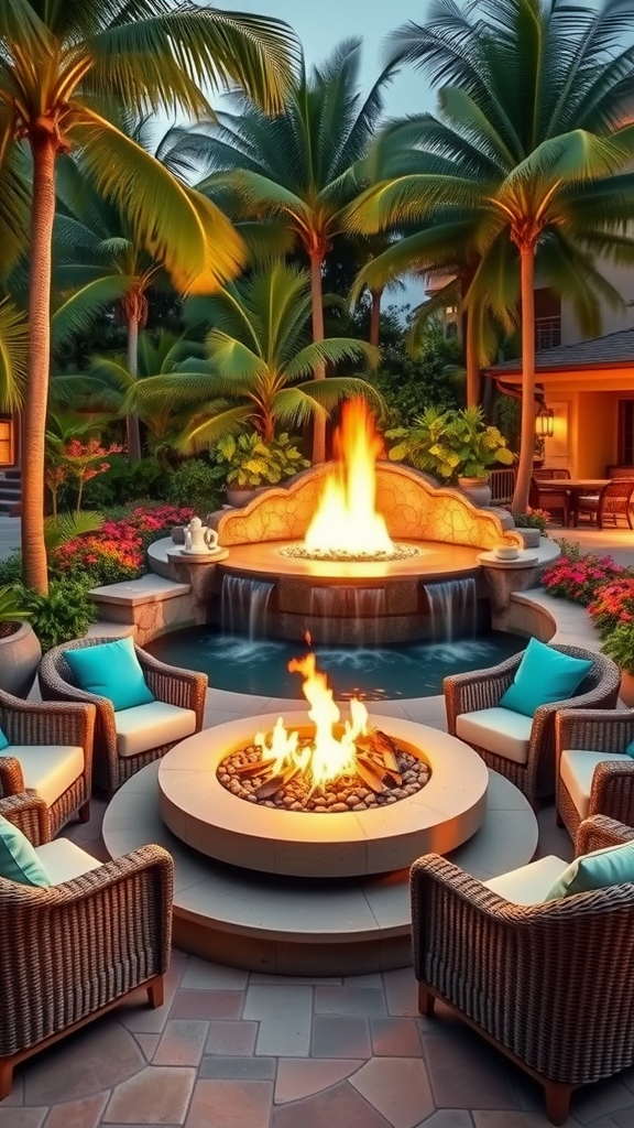 Tropical patio fire pit surrounded by palm trees and a water feature