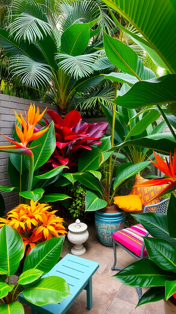 A vibrant tropical patio garden with colorful flowers and lush greenery.