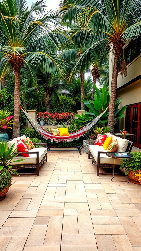 Tropical paver patio featuring palm trees, colorful cushions, and a hammock.