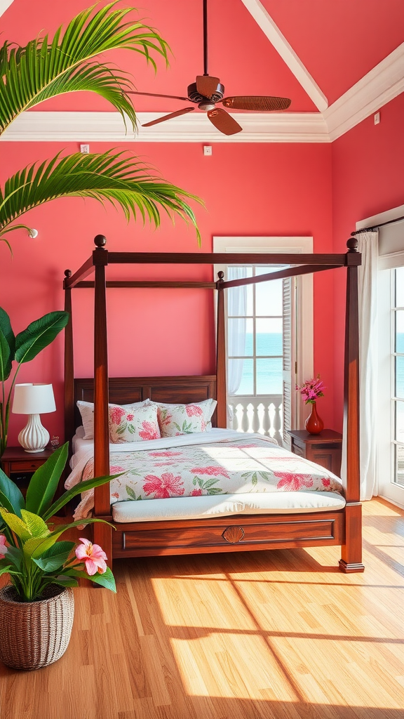 A bright pink coastal bedroom with a four-poster bed, floral bedding, and large windows overlooking the ocean.