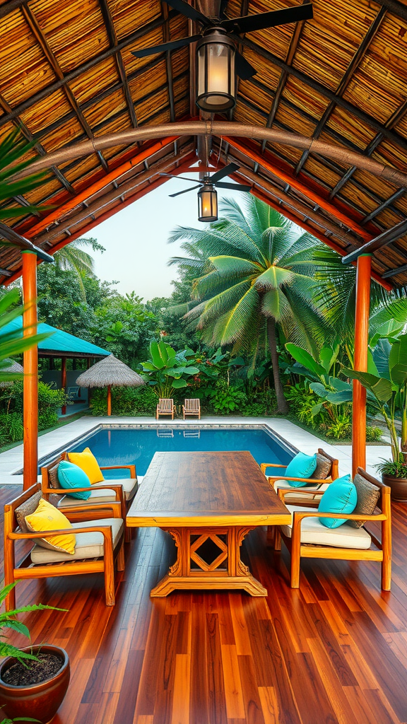 A tropical poolside covered patio with a wooden table and chairs, surrounded by lush greenery and a sparkling pool.