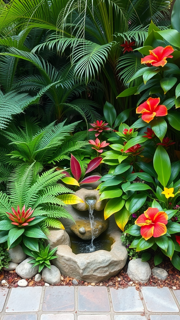 Lush tropical garden with colorful flowers and a stone fountain