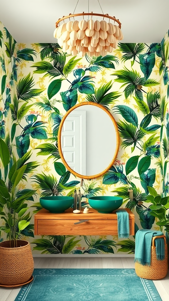 A tropical-themed bathroom with green leaf wallpaper, wooden finishes, turquoise sinks, and plants.