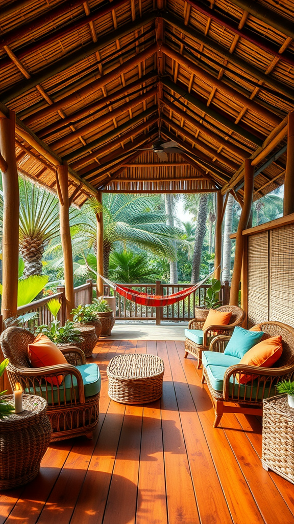 A tropical covered patio with wicker furniture, bright cushions, and a hammock surrounded by palm trees.