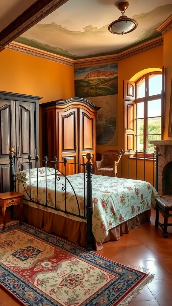 A cozy Tuscan-style bedroom with orange walls, a floral bedspread, wooden furniture, and a beautifully designed ceiling.