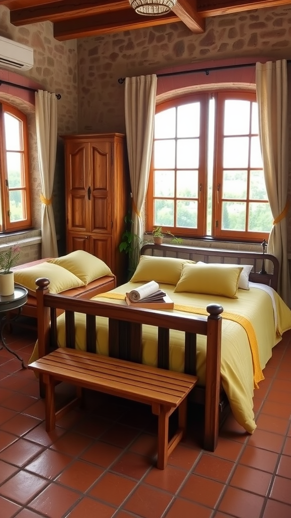 A cozy Tuscan-inspired bedroom with stone walls, yellow bedding, and wooden furniture.