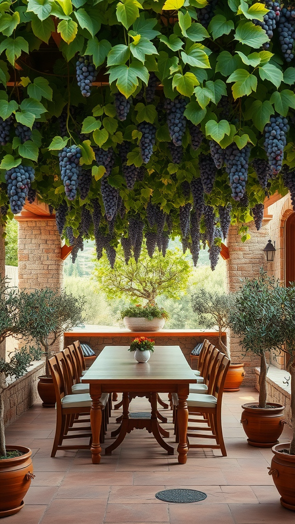 A beautiful outdoor dining area with a wooden table and chairs, covered by lush grapevines in a Tuscan setting.