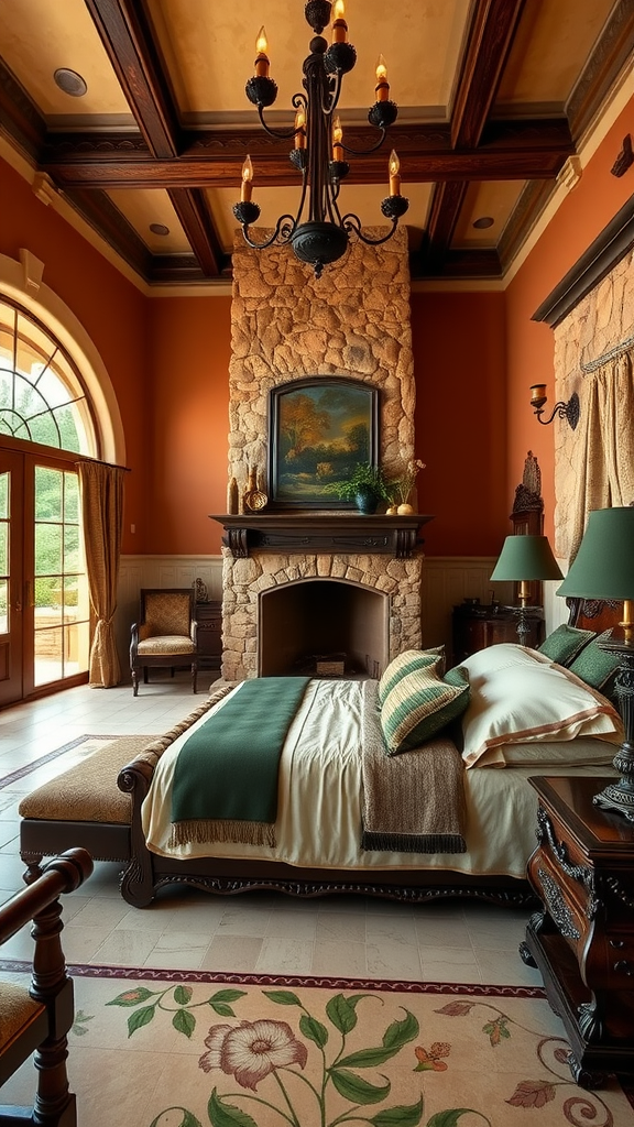 A luxurious Tuscan villa-inspired master bedroom with wooden beams, rich earthy tones, and elegant furnishings.