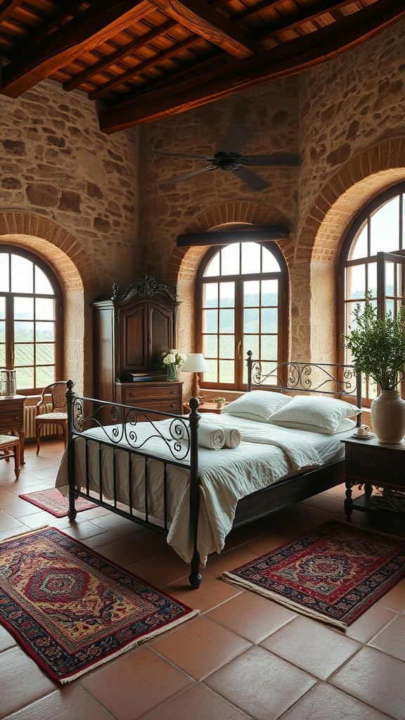 Cozy Tuscan-inspired bedroom with stone walls, large windows, and rustic decor.