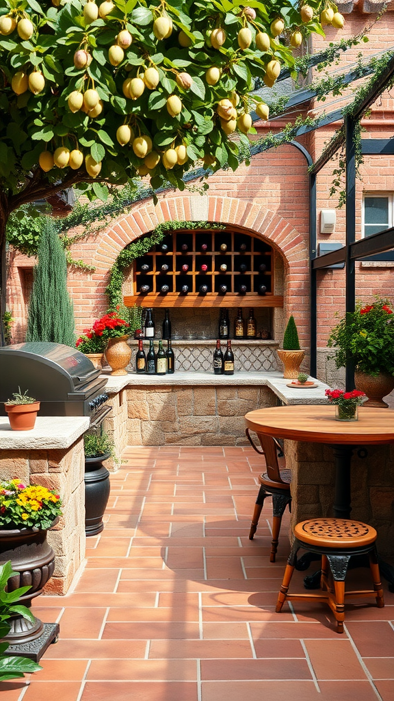 Outdoor kitchen patio in Tuscany style with brick walls, a grill, wine bottles, and a lemon tree