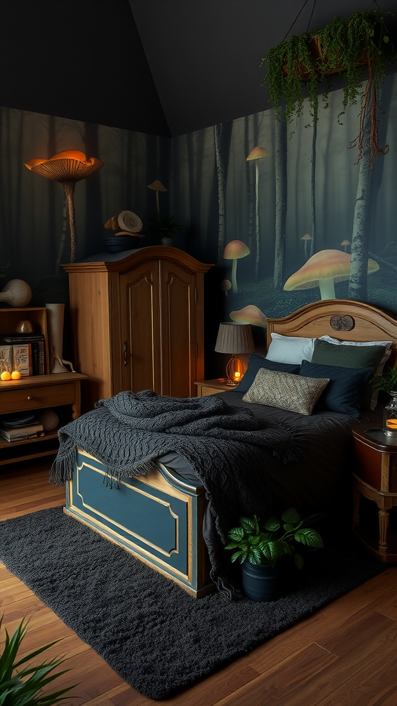 A dark cottagecore bedroom featuring a mural of mushrooms in a misty forest, a wooden bed, and cozy decor.