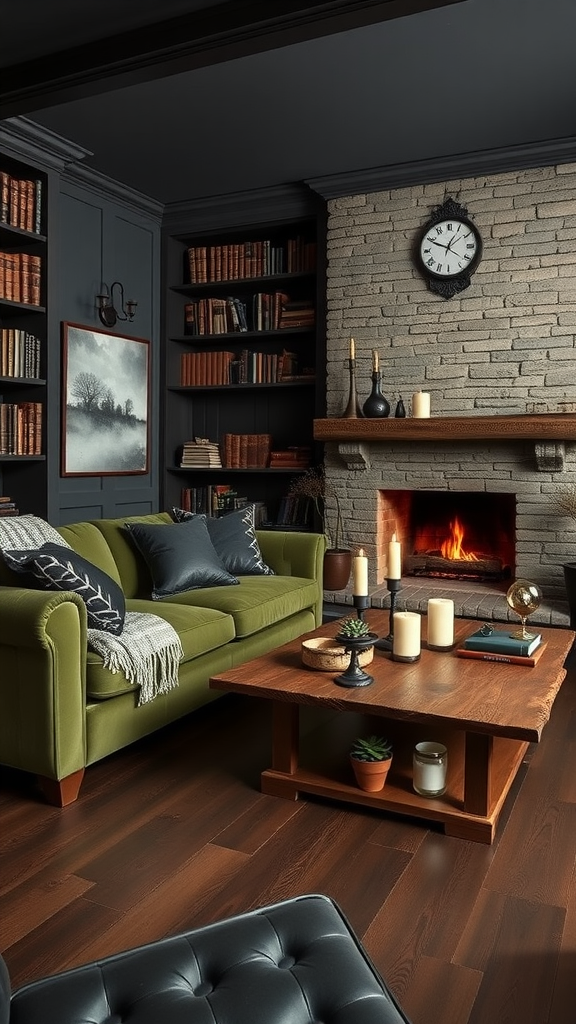 A cozy living room featuring a green sofa, stone fireplace, and wooden bookshelves, creating a warm atmosphere.