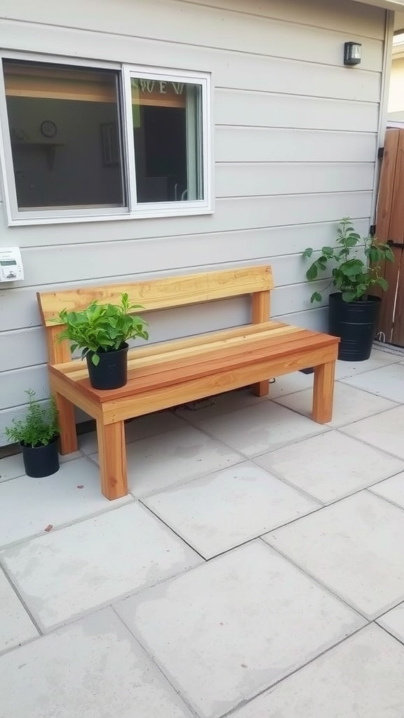 A wooden upcycled bench with planters on either side, set on a patio.