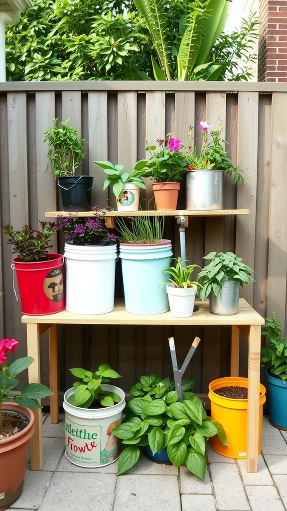 A wooden shelf displaying various upcycled containers with plants on a back patio.