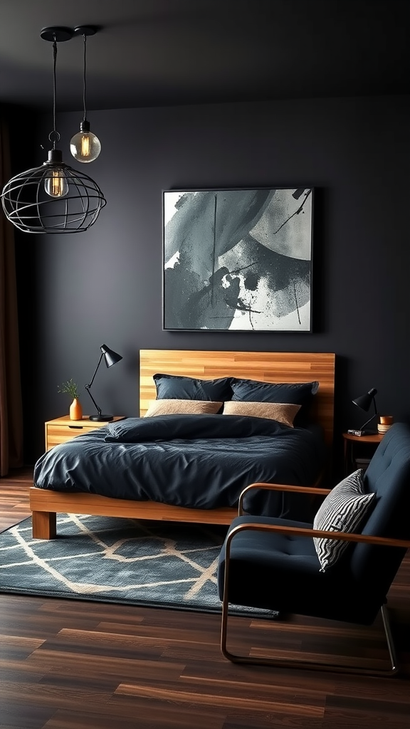 Urban chic bedroom featuring dark accent walls, wooden bed frame, and stylish pendant lights.