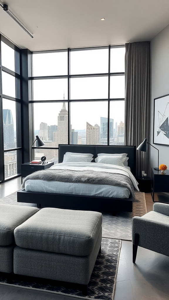 A modern penthouse bedroom with floor-to-ceiling windows showcasing a city skyline, featuring a sleek black bed and cozy seating.