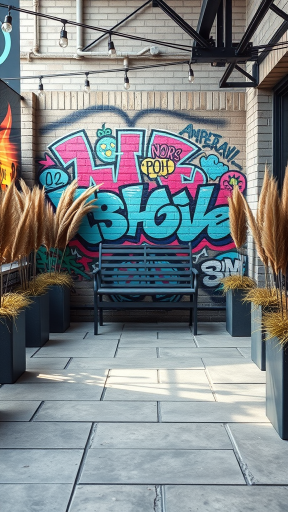 A modern concrete patio featuring a colorful graffiti art wall, potted plants, and a black bench.