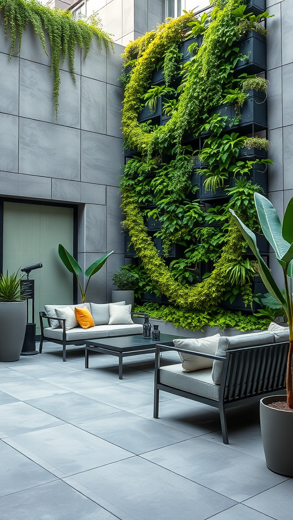 An urban concrete patio featuring a vertical garden, modern seating, and gray tiles.