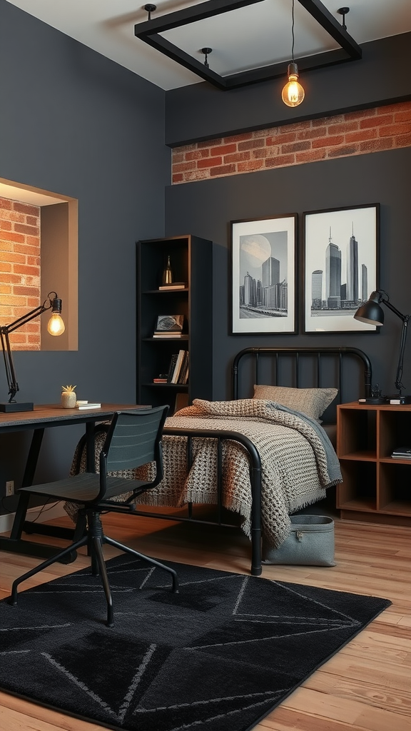 A stylish urban industrial bedroom featuring exposed brick walls, a metal bed frame, and modern decor.