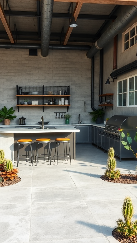 An urban industrial outdoor kitchen patio with a modern design featuring a concrete countertop, metal shelves, and surrounding plants.