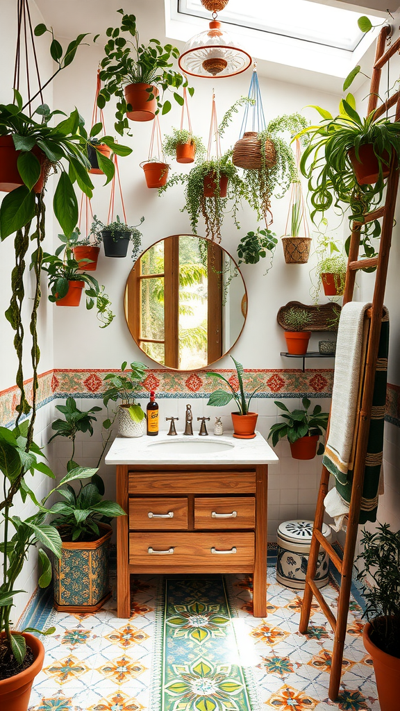 A beautifully designed bathroom featuring hanging plants, a round mirror, and a wooden vanity with decorative tiles.