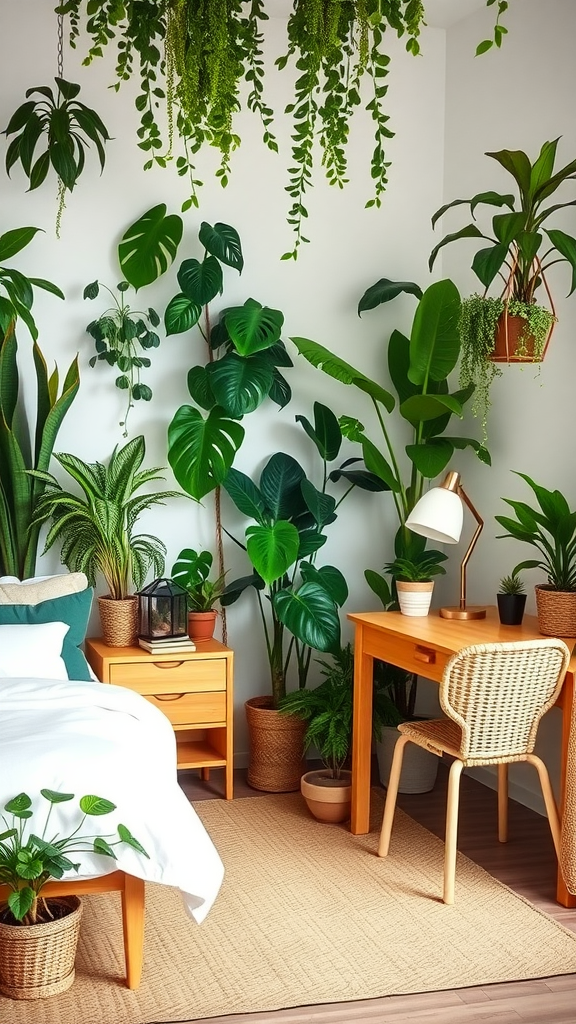 A cozy teen bedroom featuring various indoor plants, a wooden desk, and a comfortable bed.