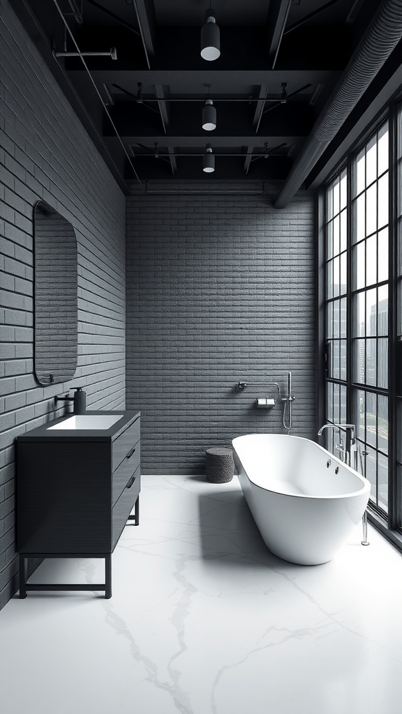 A sleek black and white bathroom with exposed brick walls, a freestanding bathtub, and large windows.