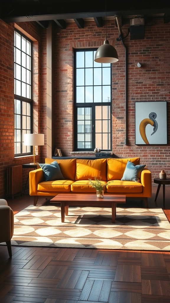 Cozy urban mid-century modern living room with yellow sofa, exposed brick walls, and large windows.