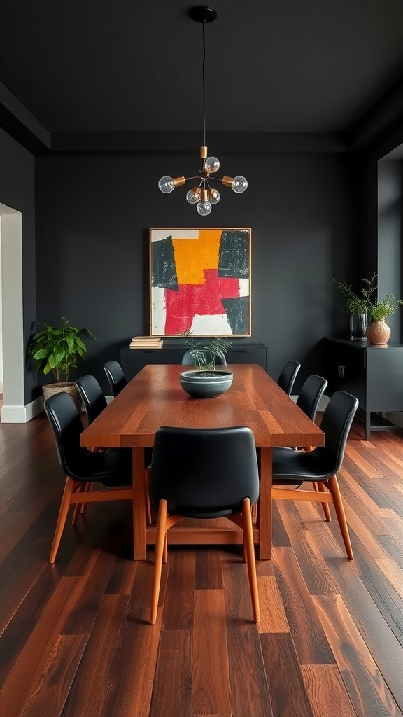 Urban mid-century modern dining room featuring a wooden table, black chairs, bold artwork, and plants.