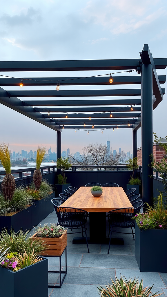 A stylish urban patio featuring a pergola, a wooden dining table, and planters with lush greenery against a city skyline.