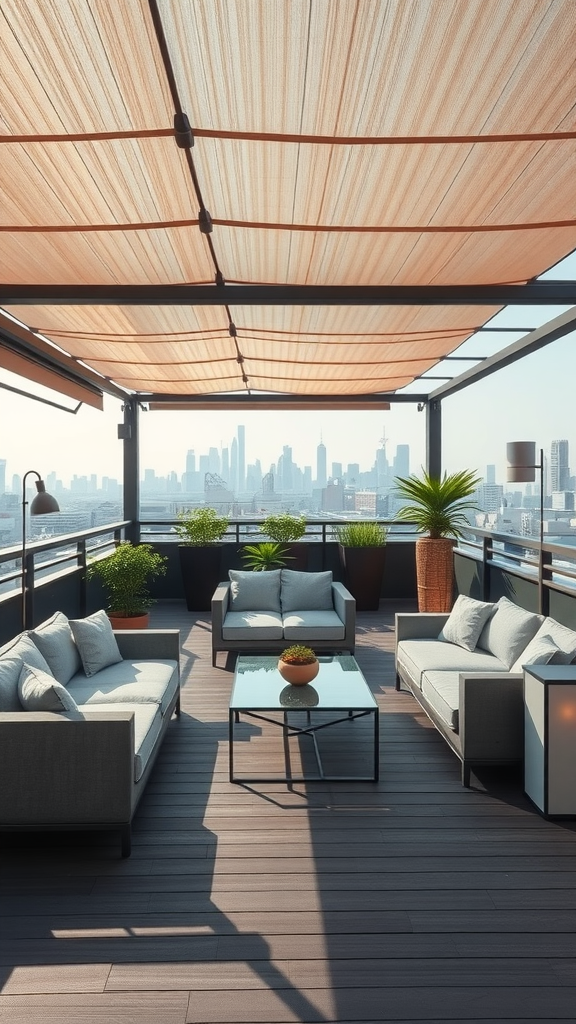 Stylish urban rooftop covered patio with comfortable seating and city skyline view