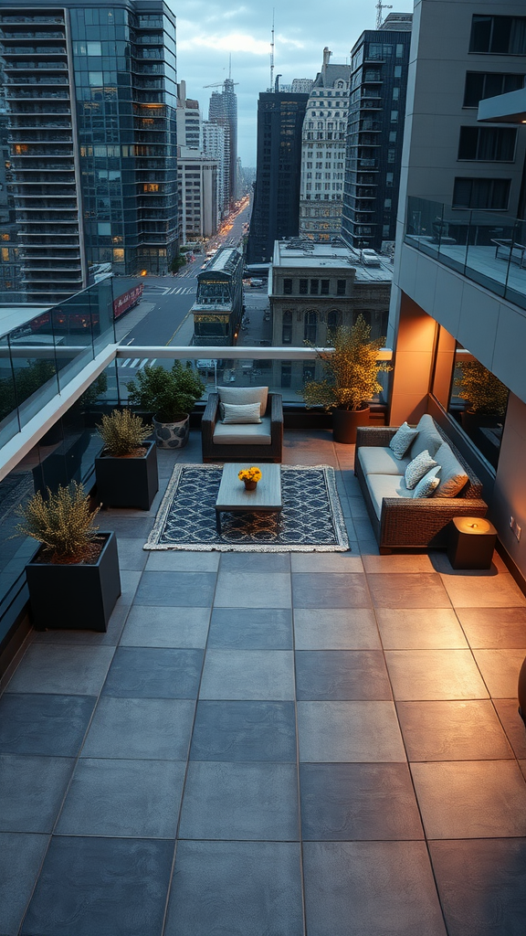 A modern rooftop patio featuring paver tiles, stylish furniture, and a city skyline view.