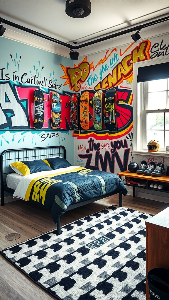 A stylish teen boy bedroom with skateboard-themed decor and vibrant wall art.