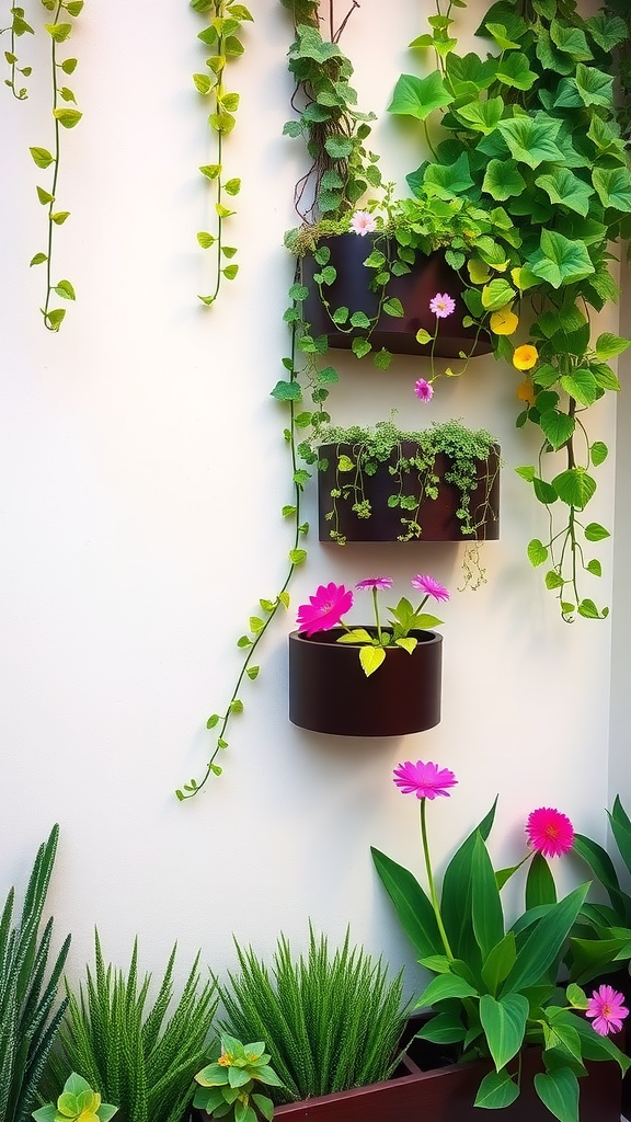 Vertical garden with colorful flowers and greenery on a white wall