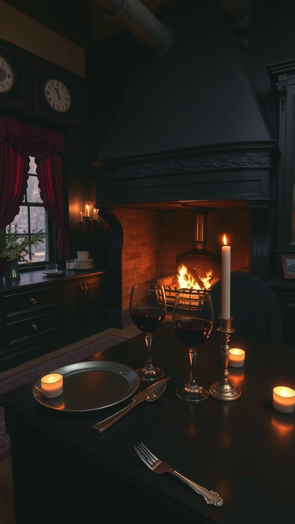 A dark and cozy kitchen with a glowing fireplace, set for two with wine glasses, candles, and an elegant table setting.